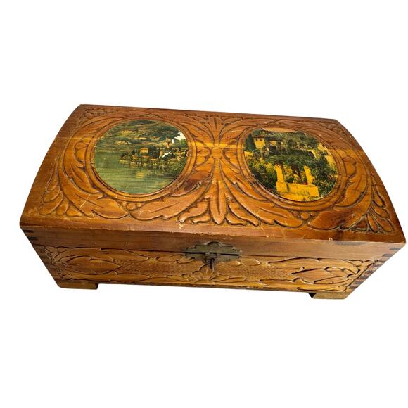 Vintage Carved Cedar Wood Chest Jewelry Trinket Box 
 Mirror Inside - Picture 1 of 11